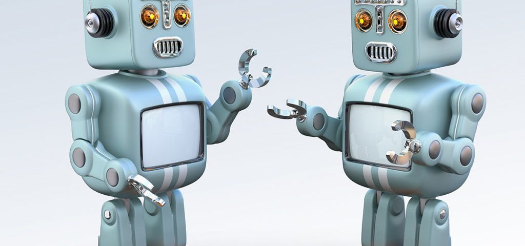 Two retro robots talking to each other