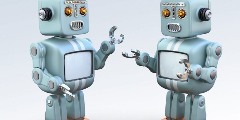 Two retro robots talking to each other